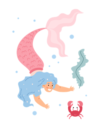 Beautiful girl mermaid with long blue hair and pink tail swimming underwater  Illustration