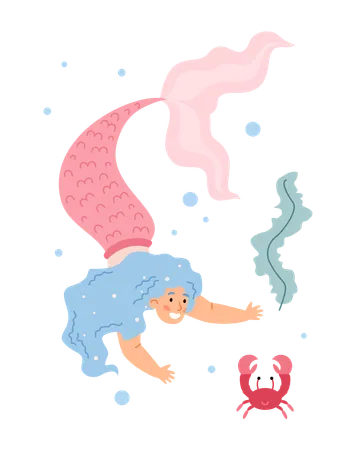 Beautiful girl mermaid with long blue hair and pink tail swimming underwater  Illustration