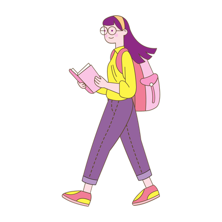 Beautiful Girl Reading a Book Going to School  Illustration