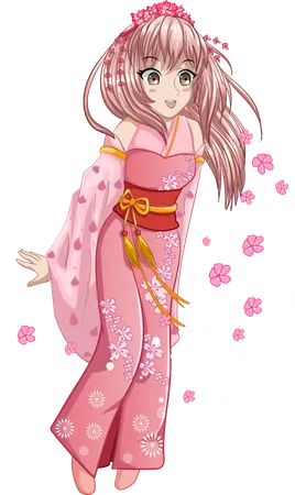 Beautiful girl wearing pink kimono with cherry blossoms  Illustration