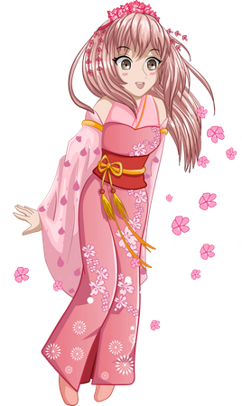 Beautiful girl wearing pink kimono with cherry blossoms  Illustration