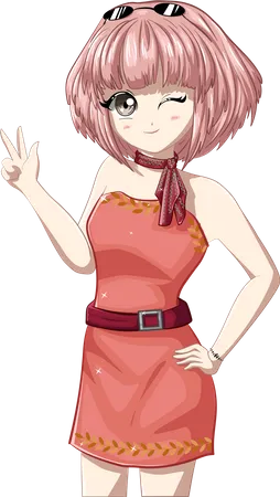 Beautiful girl wearing pink mini dress with pink short hair  Illustration