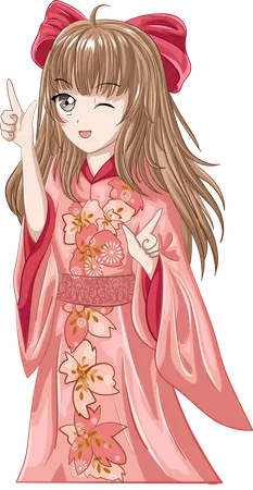 Beautiful girl with brown hair wearing pink kimono  Illustration