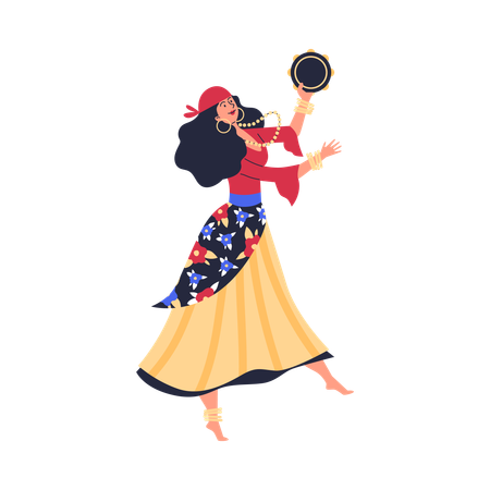 タンバリンを持って踊る美しいジプシーダンサーの女性  イラスト