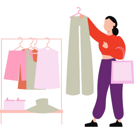 Beautiful lady is looking to the pants for buying  Illustration