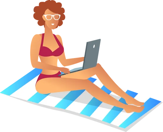 Beautiful Lady On Rest Color Vector Illustration Isolated On Bright Background Blue And White Stripes On Towel Girl In Glasses Working On Laptop Illustration