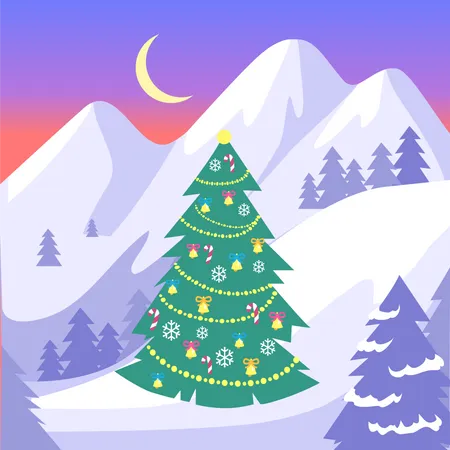 Beautiful Landscape Of High Snowy White Mountains And Moon With Bright Stars On Blue Sky Vector Background With Decorated Christmas Fir Tree With Garlands Among Snowy Fields In Flat Style Design Illustration