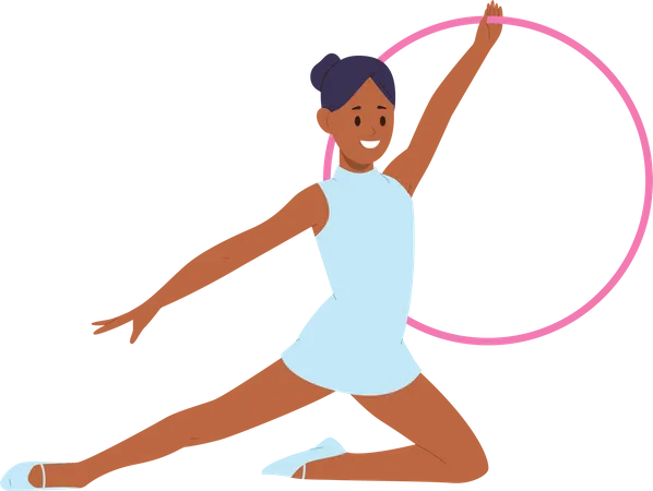 Beautiful Little Girl Cartoon Character Wearing Festive Clothes Suit Performing With Hula Hoop Showing Rhythmic Gymnastics Dance Grace Flexible Ballet Dancer Vector Illustration Sportive Childhood Illustration
