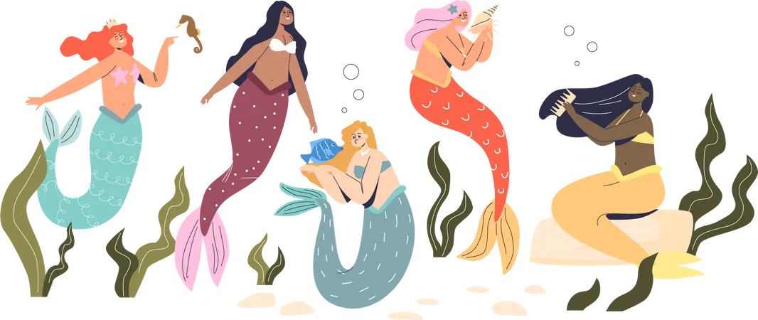 Beautiful mermaids in sea  Illustration