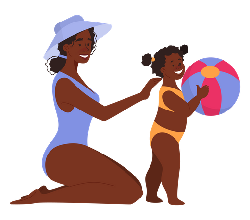 Beautiful mother play with her child on beach Illustration
