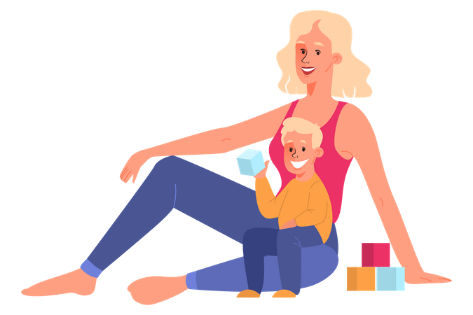 Beautiful mother play with her child on floor  Illustration