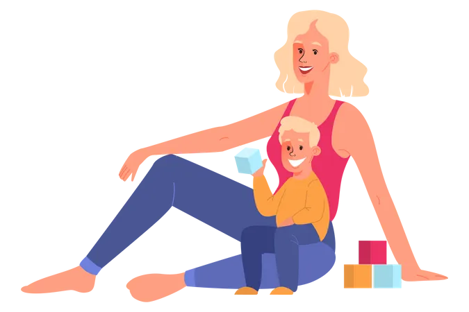 Beautiful Mother Play With Her Child Vector Illustration Of Happy Childhood And Family Love Woman And Kid Sit On Floor Playing Toys Illustration