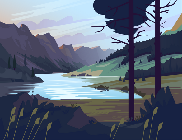 Beautiful mountain lake scenery Illustration