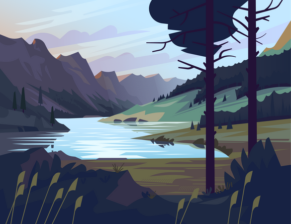 Beautiful mountain lake scenery  Illustration