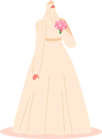 Beautiful Muslim Bride in Traditional Dress and Holding Bouquet Illustration