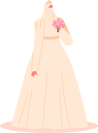 Beautiful Muslim Bride in Traditional Dress and Holding Bouquet  Illustration