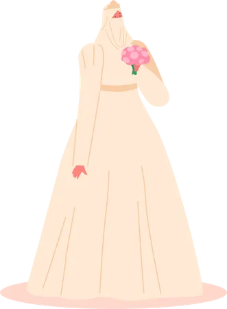 Beautiful Muslim Bride in Traditional Dress and Holding Bouquet  Illustration