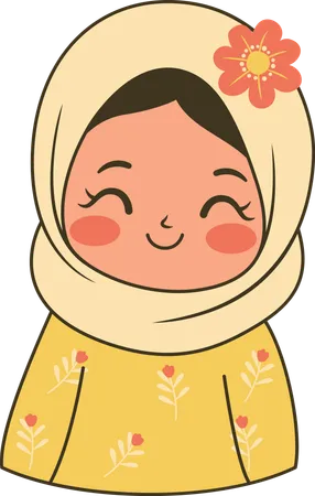 Beautiful Muslim Girl Wearing Yellow Hijab While Smiling  Illustration