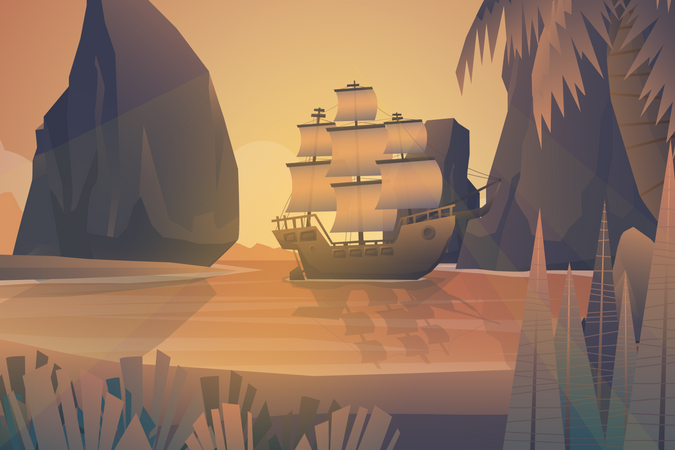 Beautiful scene anchored Galleon floating in the sea of island  Illustration