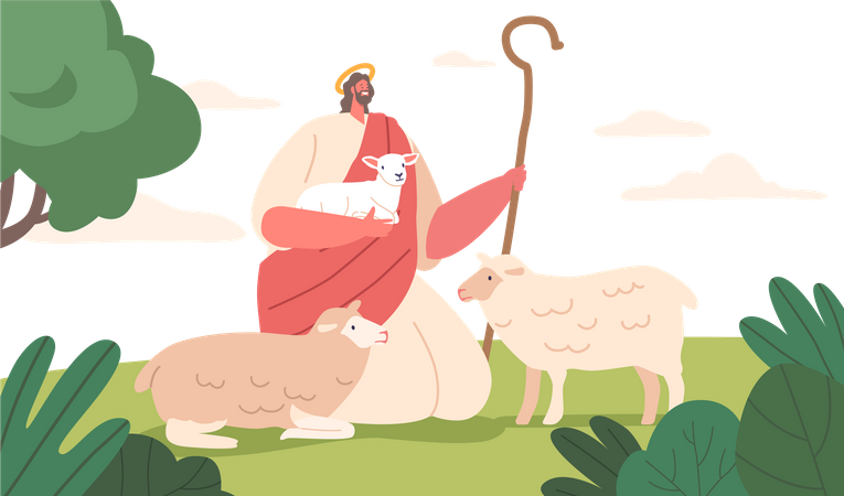 Beautiful scene depicts shepherd holding lamb  Illustration