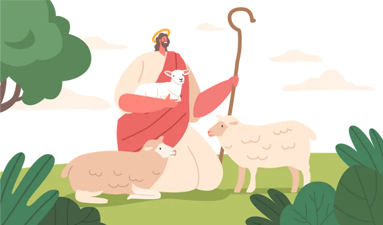 Beautiful Scene Depicts Jesus Character The Shepherd Holding Lamb Surrounded By A Flock Of Sheep On A Verdant Summer Meadow Exuding Pastoral Peace And Serenity Cartoon People Vector Illustration Illustration