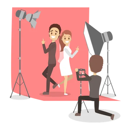 Beautiful Woman And Man Couple Making Photoshoot On The Red Background Various Equipment Such As Softbox And Camera Isolated Flat Vector Illustration Illustration