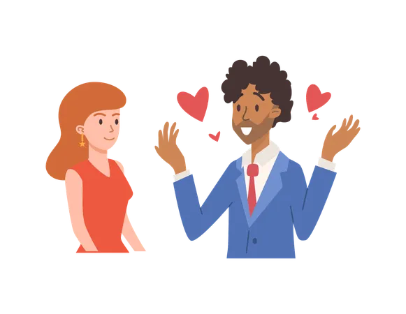 Beautiful woman and surprised man with hearts around  Illustration