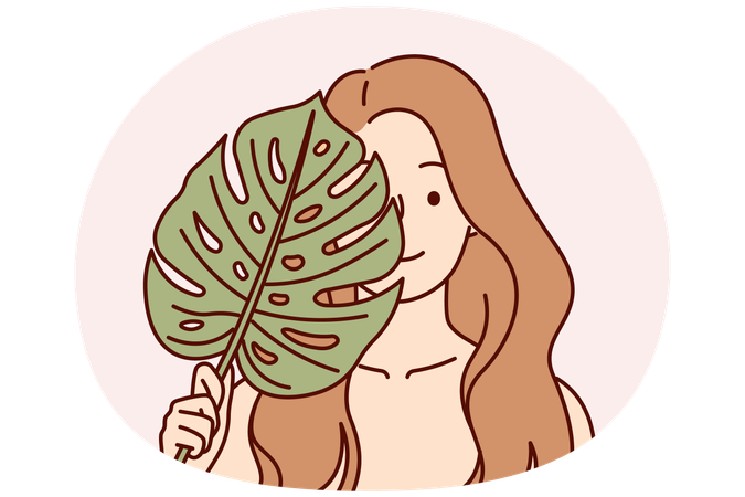 Beautiful woman applies leaf from palm tree to face symbolizing natural cosmetic product for skin  Illustration