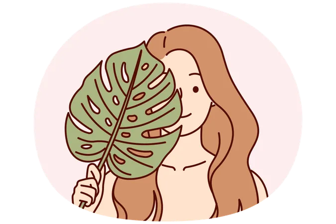 Beautiful woman applies leaf from palm tree to face symbolizing natural cosmetic product for skin  Illustration