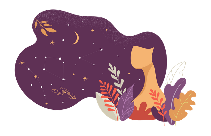 Beautiful woman decorated with stars, flowers and leaves  Illustration