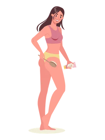 Beautiful woman Dry brushing to get ride of cellulite on her thighs Illustration