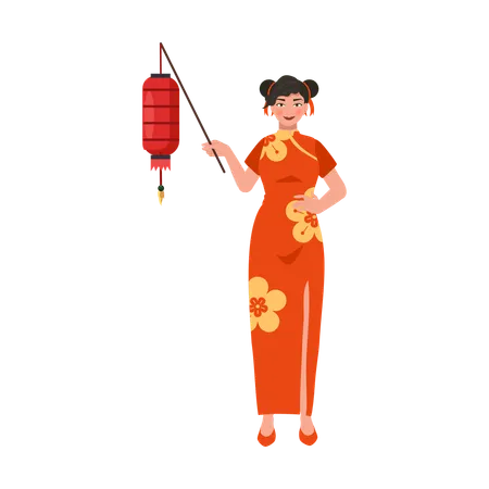 Beautiful woman holding red lantern  イラスト