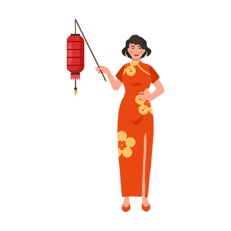 Beautiful woman holding red lantern  イラスト
