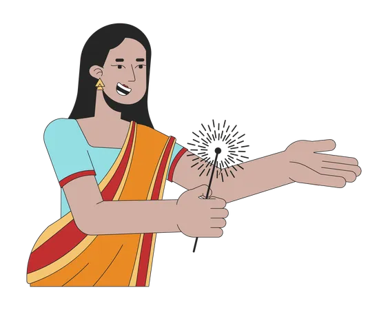 Sari Beautiful Woman Holding Sparkler 2 D Linear Cartoon Character South Asian Female Isolated Line Vector Person White Background Hindu Festival Of Lights Deepawali Color Flat Spot Illustration Illustration
