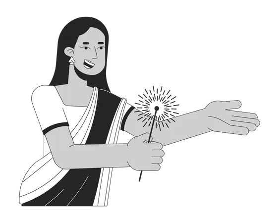 Sari Beautiful Woman Holding Sparkler Black And White 2 D Line Cartoon Character South Asian Female Isolated Vector Outline Person Festival Of Lights Deepawali Monochromatic Flat Spot Illustration Illustration