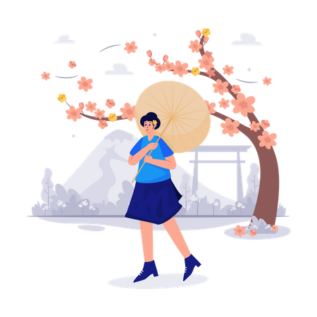 Beautiful woman holding umbrella in Cherry Blossom Season  Illustration