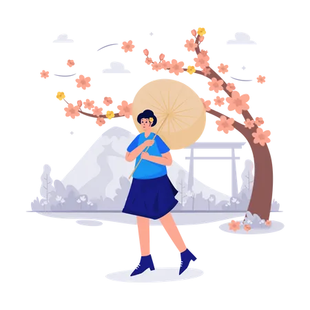 Beautiful woman holding umbrella in Cherry Blossom Season  Illustration