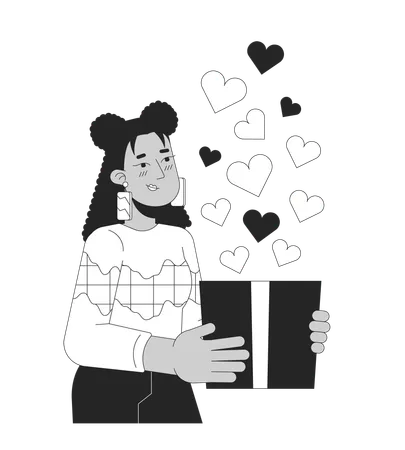 Beautiful Woman In Love Giving Valentine Gift Black And White 2 D Illustration Concept Shy Latina Cartoon Outline Character Isolated On White Sweetheart Affection Metaphor Monochrome Vector Art Illustration