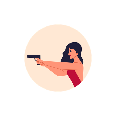 銃を持った赤いドレスを着た美しい女性  イラスト