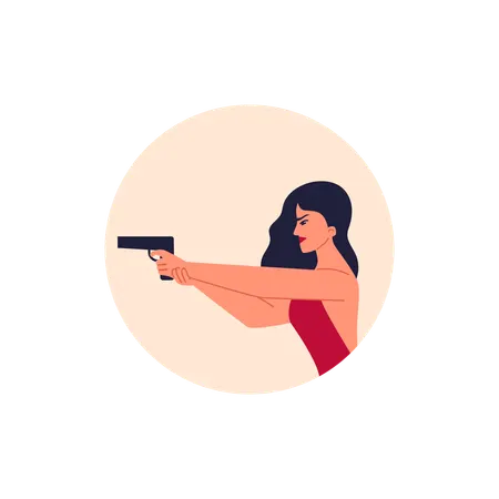 銃を持った赤いドレスを着た美しい女性  イラスト