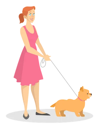 Beautiful woman in the dress walking with dog  Illustration