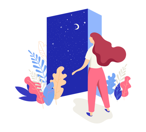Beautiful woman opens the door with a night sky view Illustration