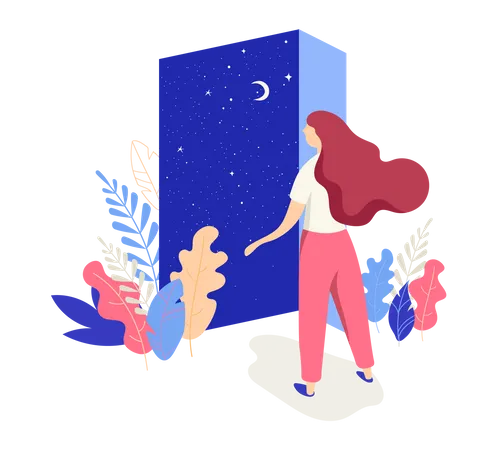 Beautiful woman opens the door with a night sky view  Illustration