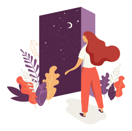 Beautiful woman opens the door with a night sky view  Illustration