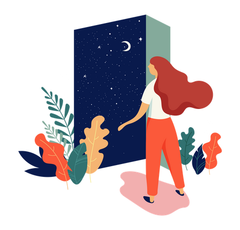 Beautiful woman opens the door with night sky view Illustration