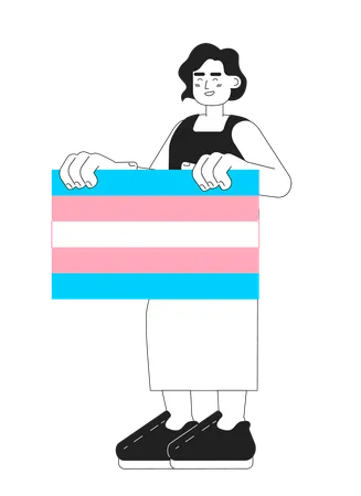 Woman Support Transgender Community Monochromatic Flat Vector Character Editable Thin Line Full Body Lady Holds Pride Flag On White Simple Bw Cartoon Spot Image For Web Graphic Design Illustration