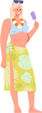 Beautiful woman wearing Hawaiian trendy fashion outfit and accessory eating ice-cream  Illustration