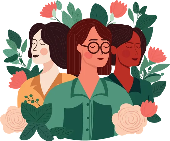Adorable Three Young Female Characters With Beautiful Flowers Illustration