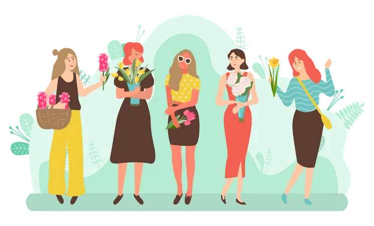 Group Of Beautiful Women Holding Colorful Bouquets Female Florist With Brown Basket Of Flowers Girls With Various Hairstyles Wearing Stylish Clothes Illustration