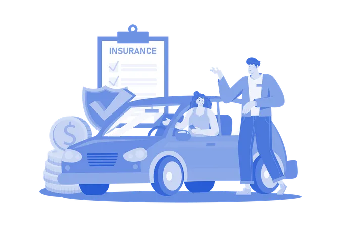 Beautiful Young Woman In A Red Car Is Talking To A Car Insurance Salesman Illustration